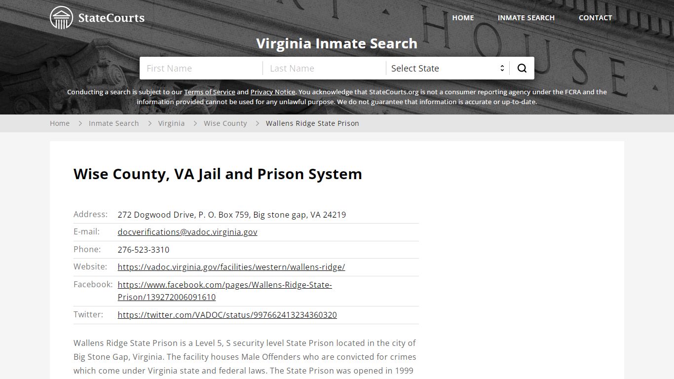 Wallens Ridge State Prison Inmate Records Search, Virginia - State Courts