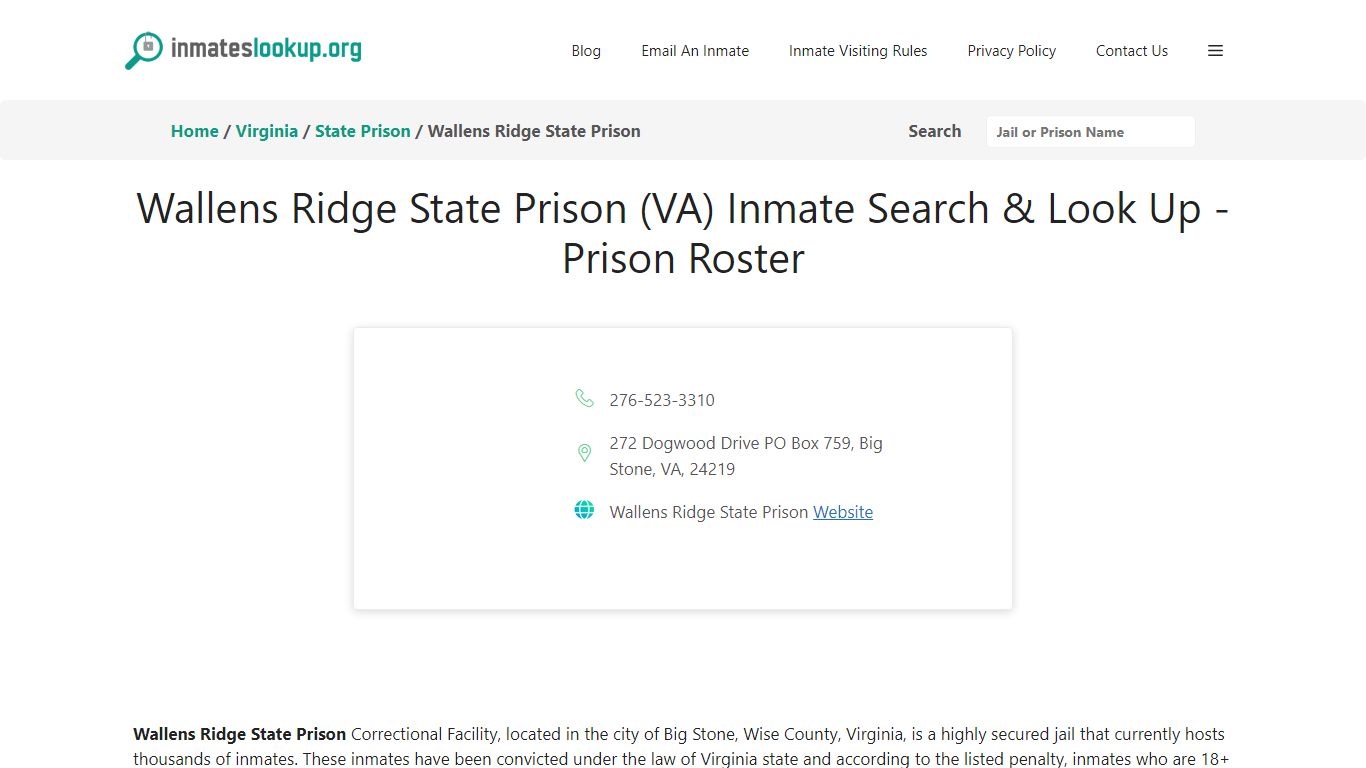Wallens Ridge State Prison (VA) Inmate Search & Look Up - Prison Roster