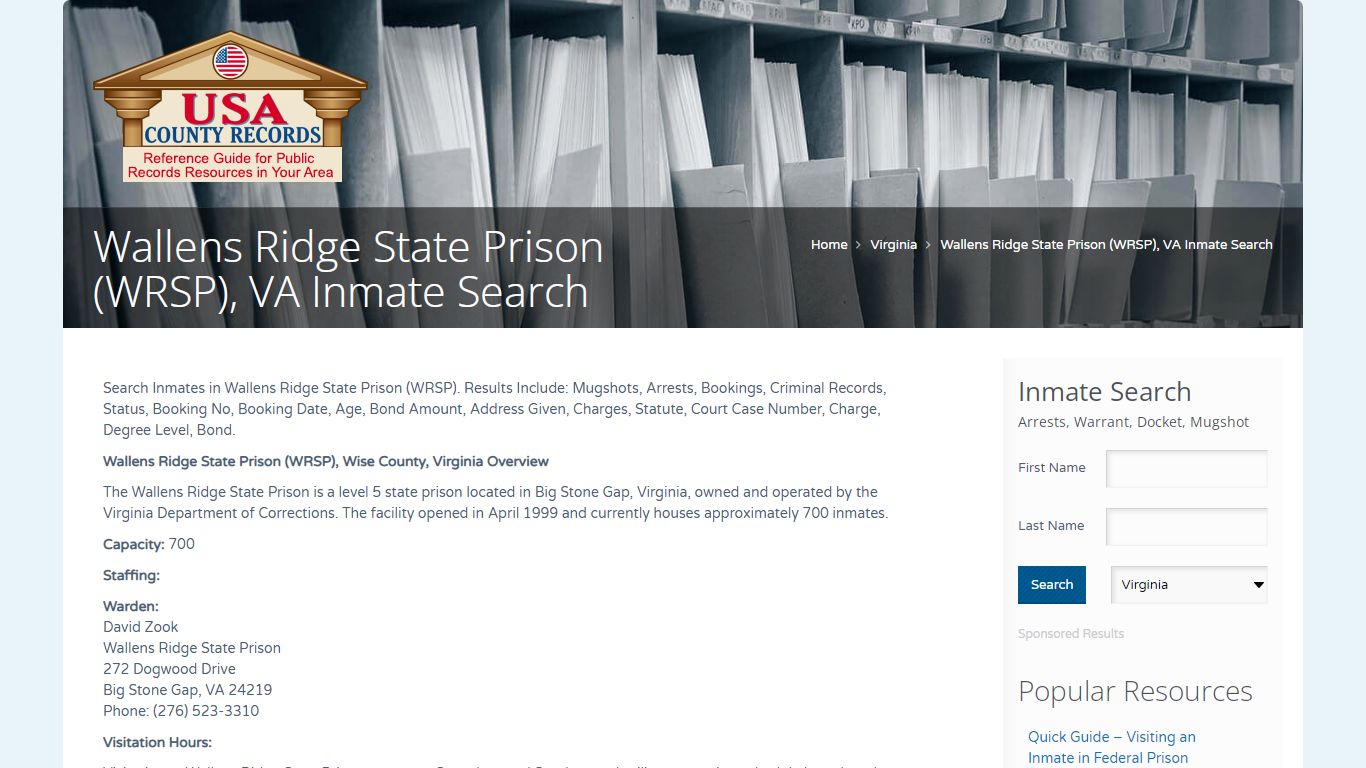Wallens Ridge State Prison (WRSP), VA Inmate Search